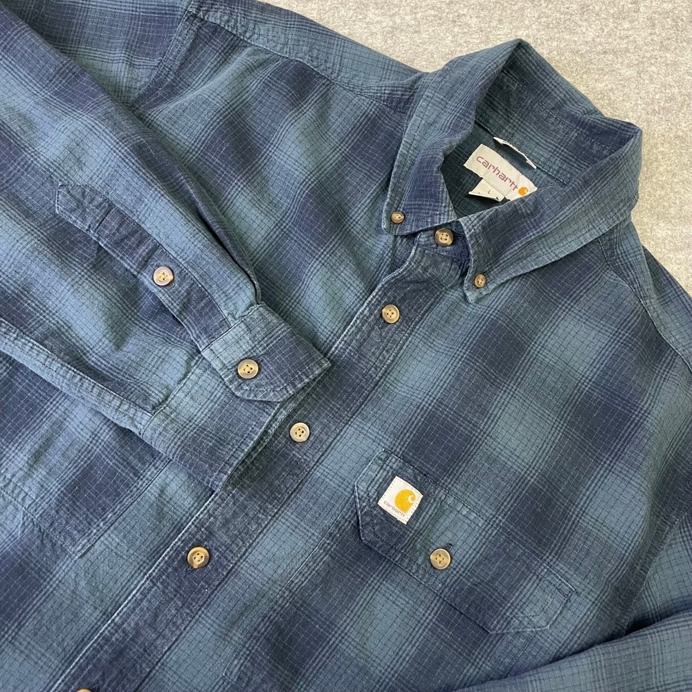 Carhartt Mens Relaxed Fit Plaid Button Down Shirt Blue Green L Casual